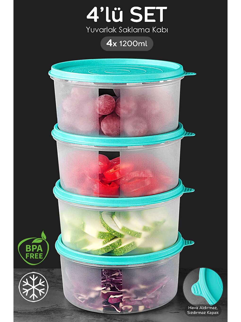 4'lü Yuvarlak Gıda Saklama Kabı Seti 4x1200 ml Yeşil