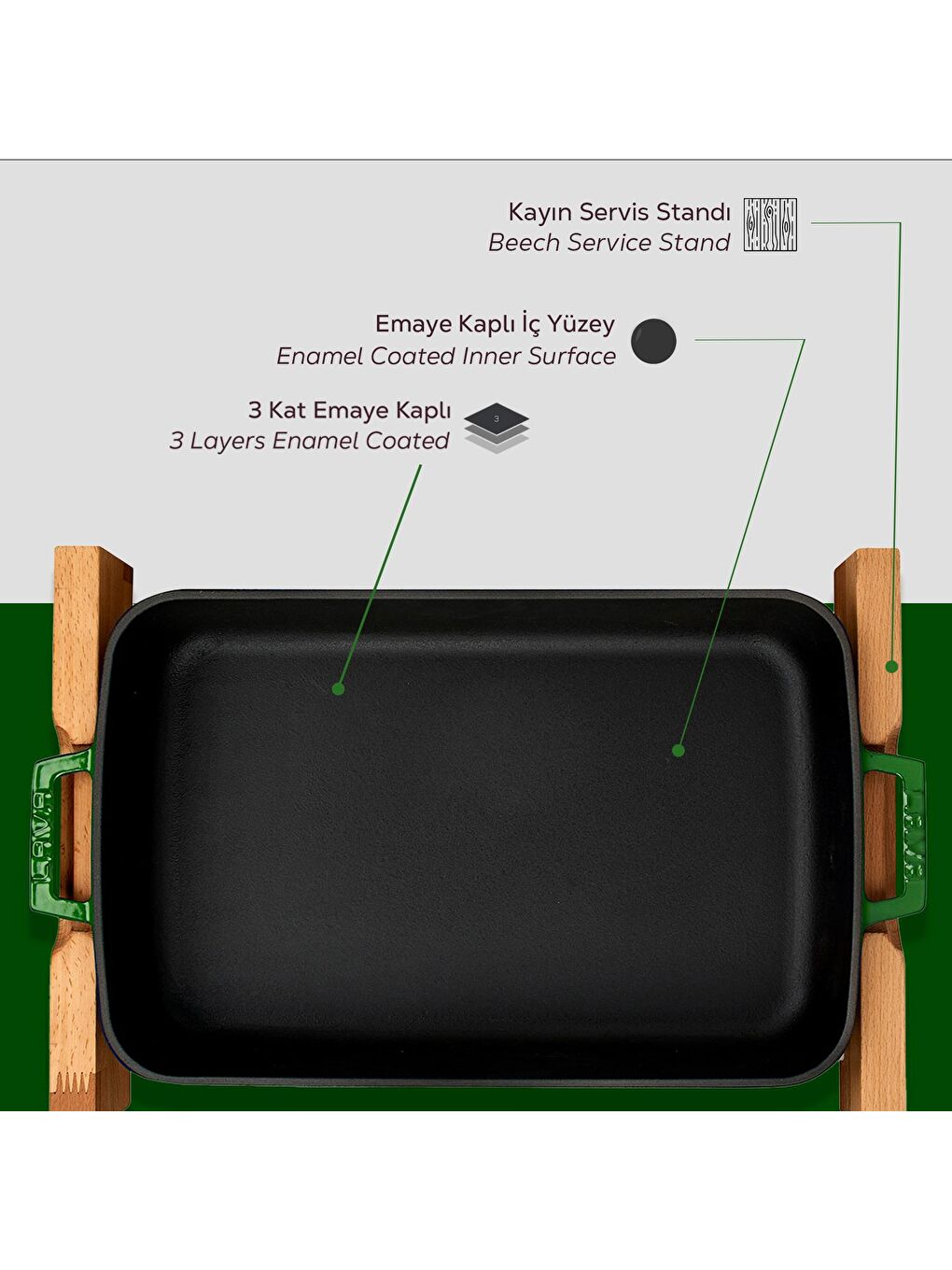 Yeşil Dikdörtgen Rosto ve Fırın Tepsisi Kayın Servis Ahşabı Döküm Demir Yekpare Çift Kulplu Ölçü 22x30cm.-4
