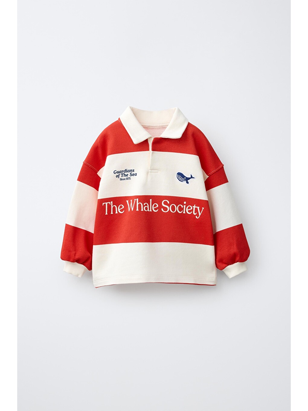 Karışık Çocuk Pamuklu Balina Nakışlı Kırmızı Ekru Çizgili Polo Yaka Sweatshirt