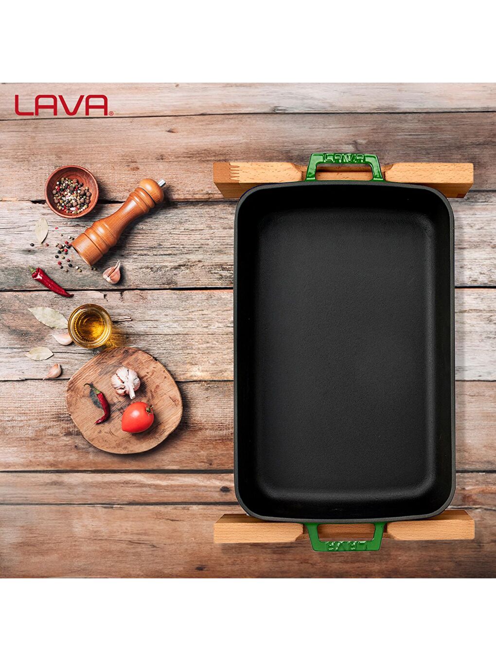 Yeşil Dikdörtgen Rosto ve Fırın Tepsisi Kayın Servis Ahşabı Döküm Demir Yekpare Çift Kulplu Ölçü 22x30cm.-5