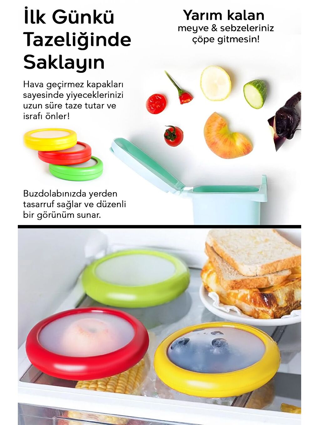 Karışık 3'lü Gıda Koruyucu Saklama Kabı Tazeliği Koruyan Buzdolabı İçi Meyve Sebze Domates Soğan Limon Kabı-3