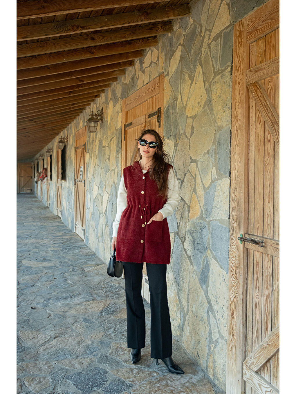 Kadın Bel Bağlamalı Triko Yelek Bordo-3