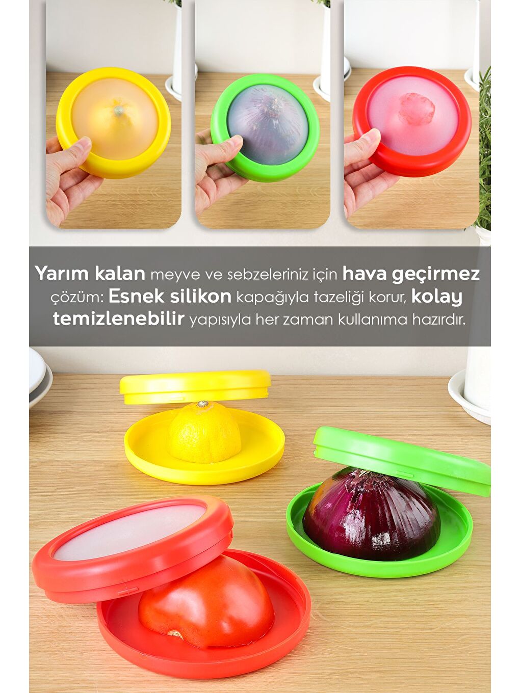 Karışık 3'lü Gıda Koruyucu Saklama Kabı Tazeliği Koruyan Buzdolabı İçi Meyve Sebze Domates Soğan Limon Kabı-4