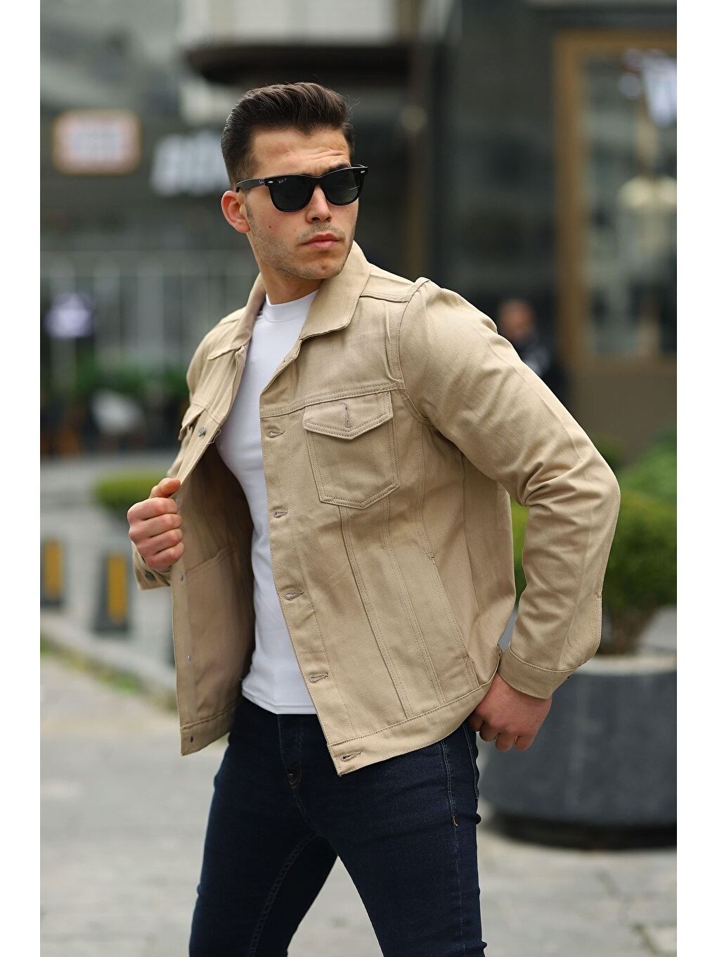 Erkek Trend Polo Yaka Slim Fit Denim Jeans Bej Jean Ceket-1