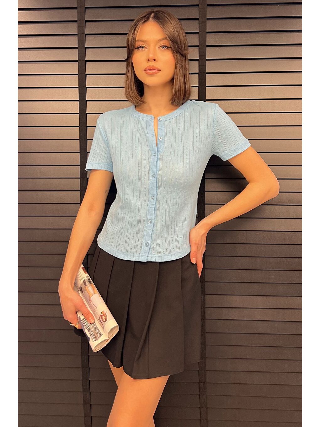 Mavi Kadın Boydan Düğmeli Ajurlu Bluz-1