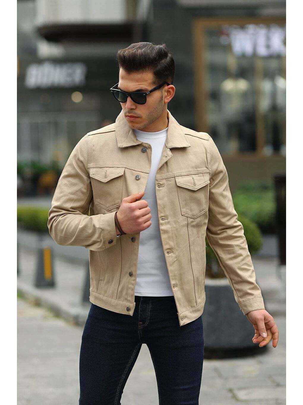 Erkek Trend Polo Yaka Slim Fit Denim Jeans Bej Jean Ceket-2