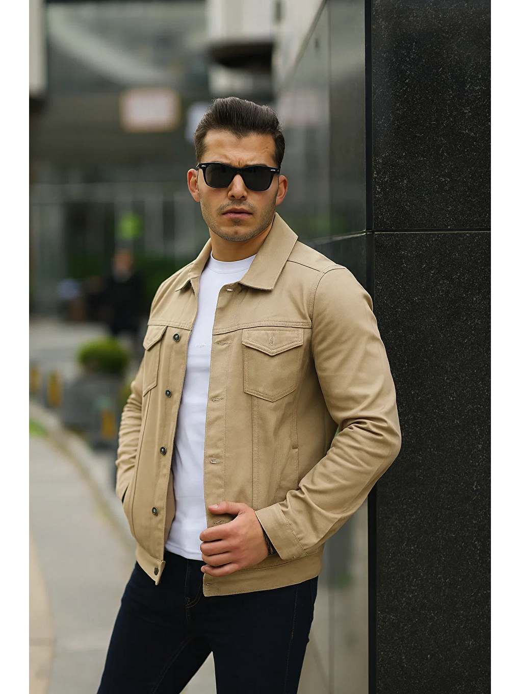 Erkek Trend Polo Yaka Slim Fit Denim Jeans Bej Jean Ceket-3