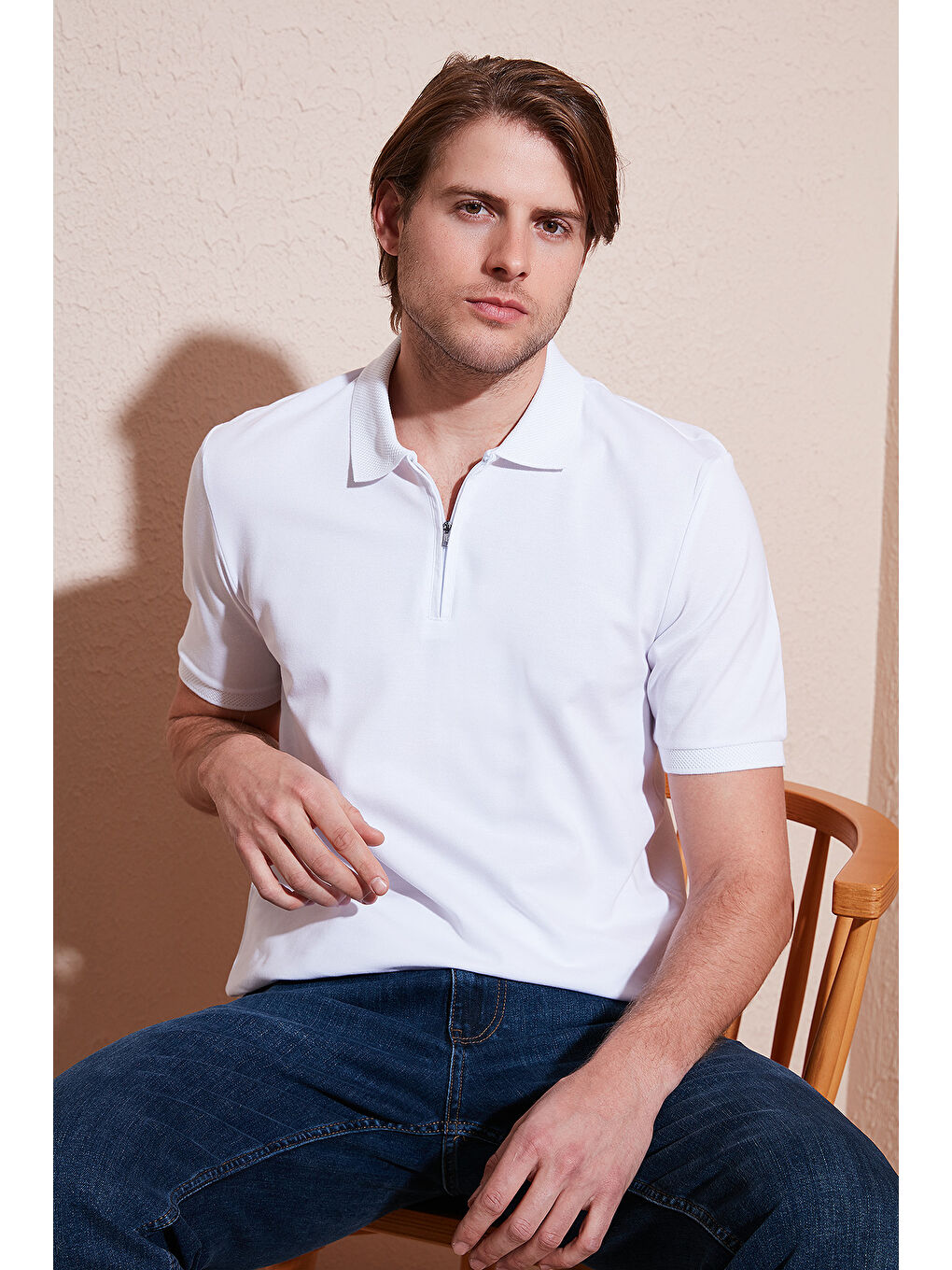 Buratti Beyaz Pamuklu Regular Fit Yarım Fermuarlı Erkek Polo Yaka T Shirt 5901029