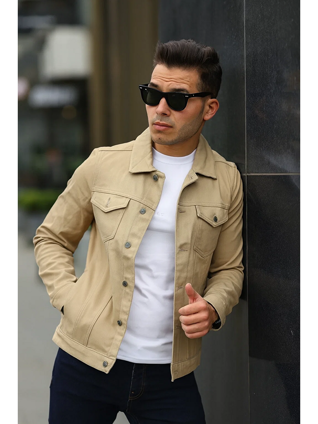 Erkek Trend Polo Yaka Slim Fit Denim Jeans Bej Jean Ceket-4