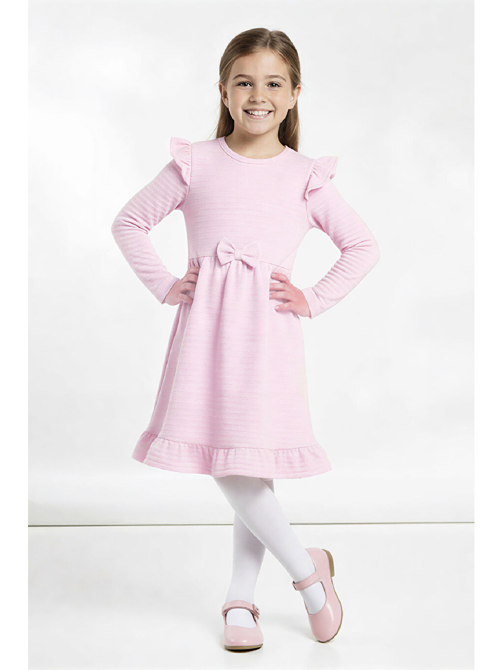 Pembe Kız Çocuk Elbise -Fırfır Omuzlu-Fiyonk Detaylı 2-10 Yaş 12531