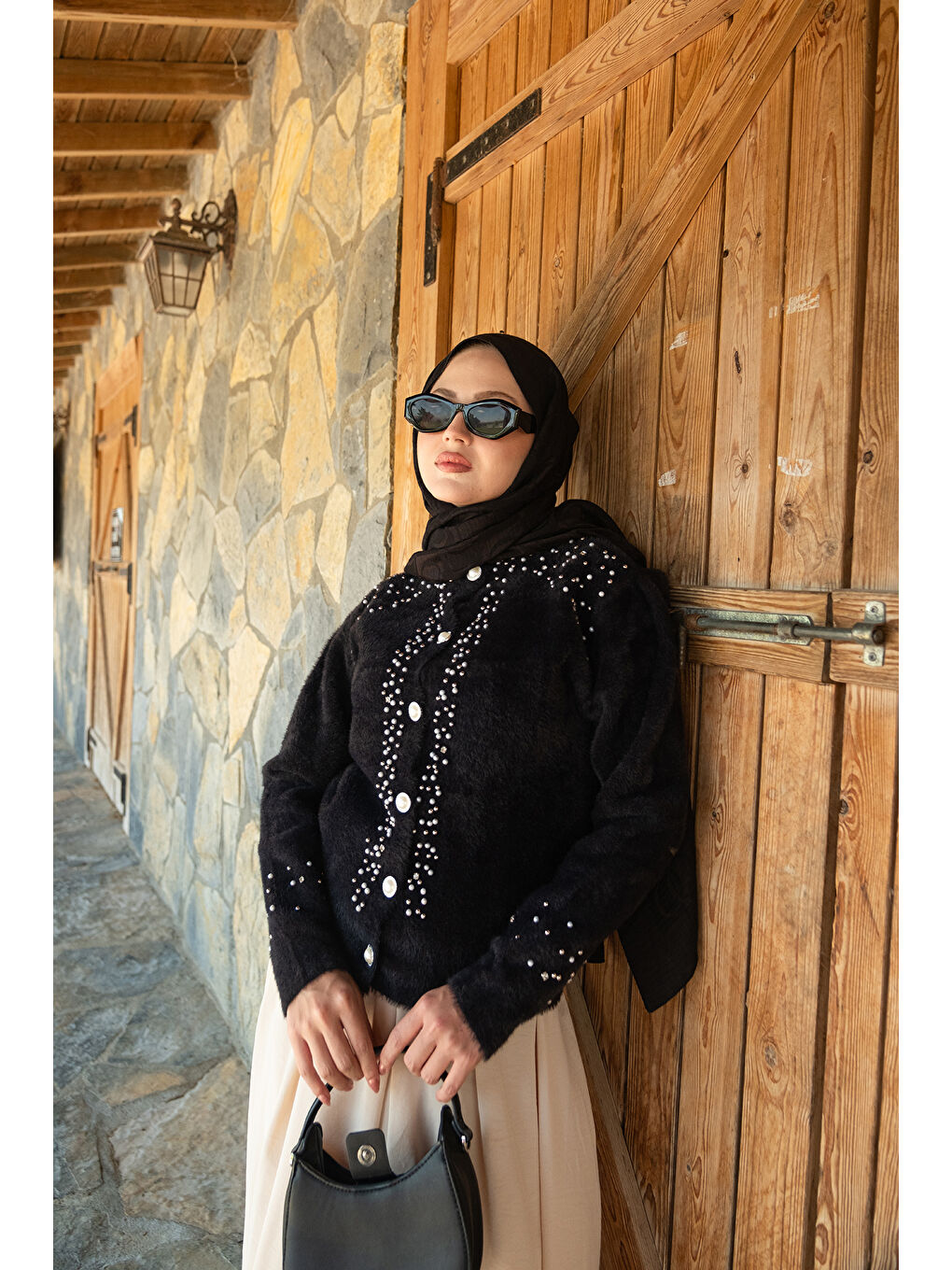 Kadın Taş Detay Triko Ceket Siyah-2