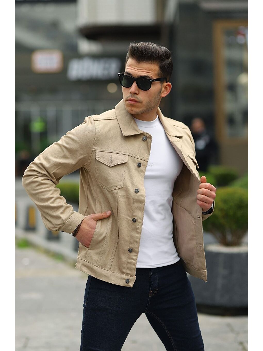 Erkek Trend Polo Yaka Slim Fit Denim Jeans Bej Jean Ceket-5