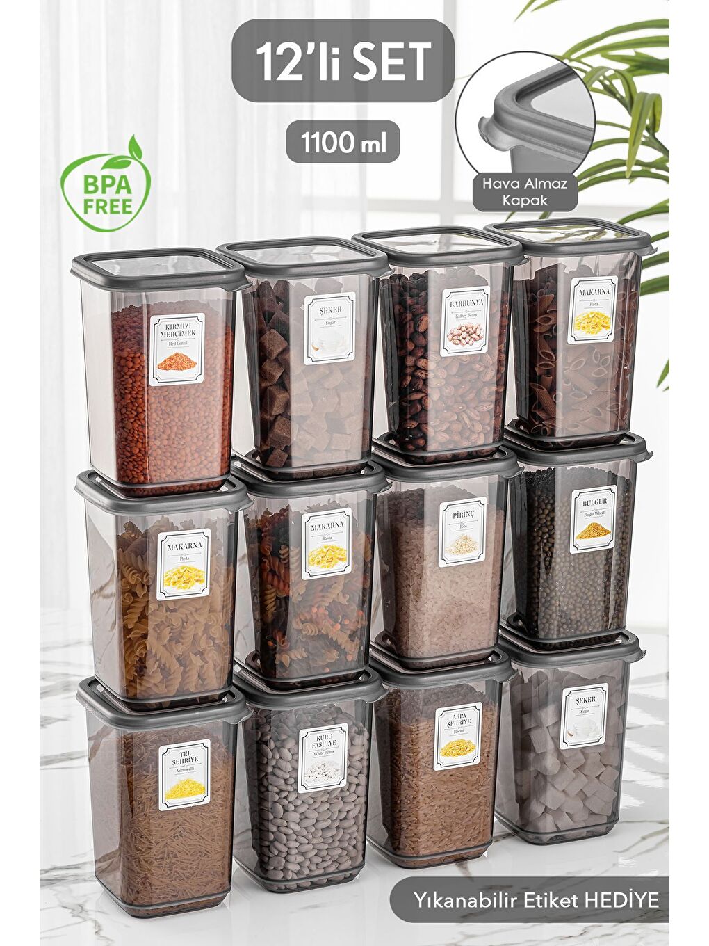 Gri 12'li Set Melly Sızdırmaz Kapaklı Kare Erzak Saklama Kabı Antrasit 12 x 1 10 lt Etiketli