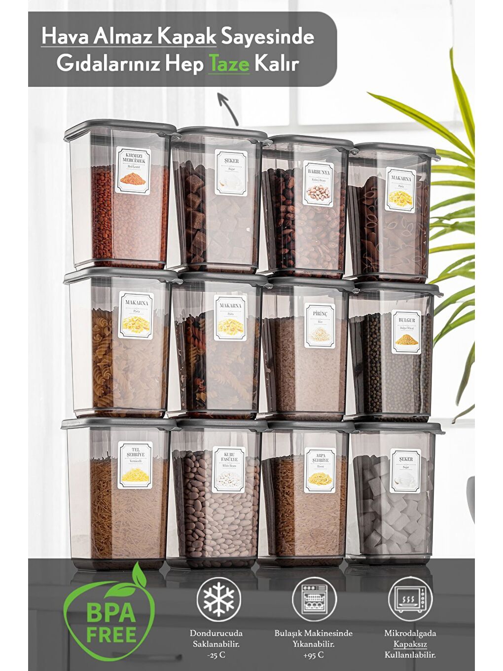 Gri 12'li Set Melly Sızdırmaz Kapaklı Kare Erzak Saklama Kabı Antrasit 12 x 1 10 lt Etiketli-1