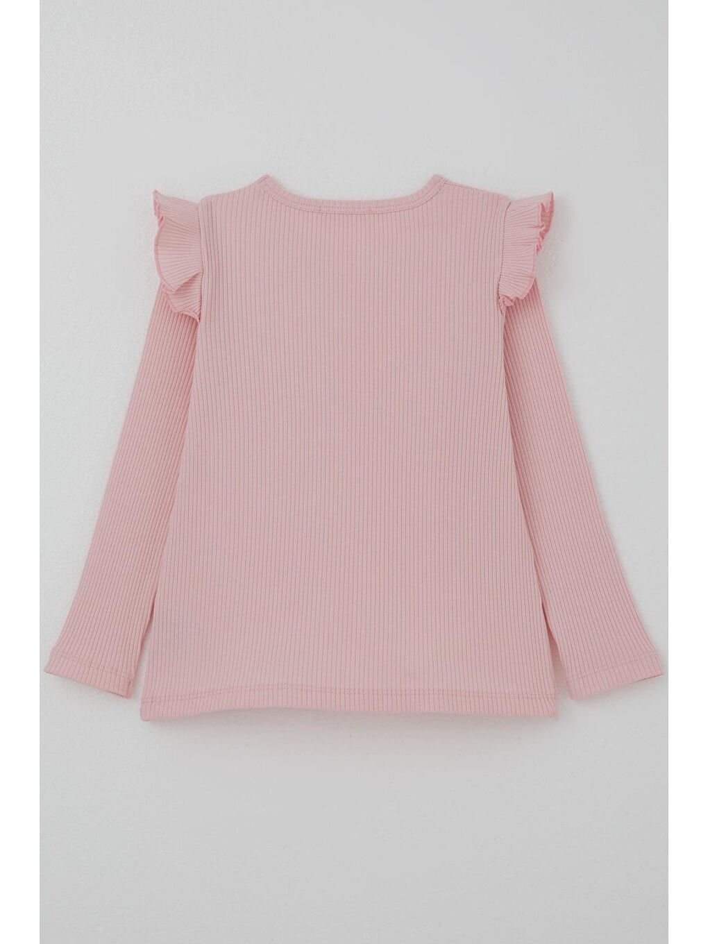 Kız Çocuk Uzun Kollu Tişört Çiçek Arma Detaylı Omuzu Fırfırlı Pembe (2-6 Yaş)-1