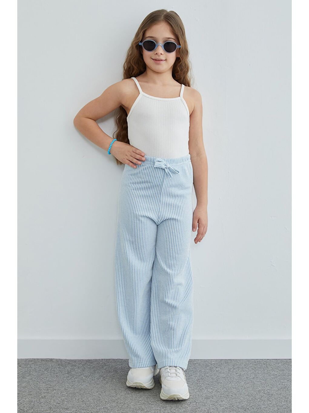 Mavi Beli Lastikli Çizgili Palazzo Kız Çocuk Pantolon-2