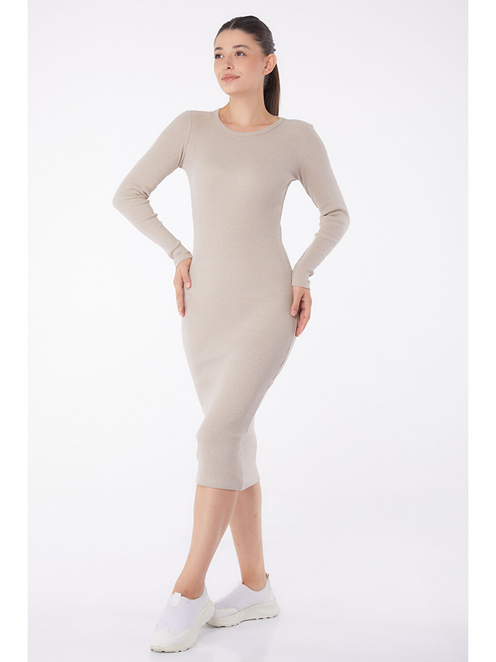Midi Elbise Bej - 26126