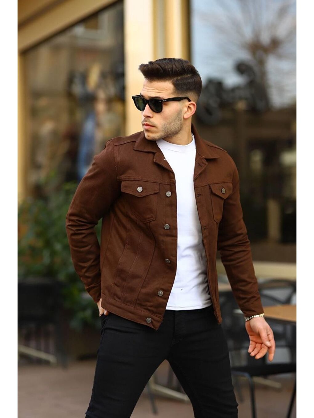 Kahverengi Erkek Trend Polo Yaka Slim Fit Denim Jeans Kahve Jean Ceket