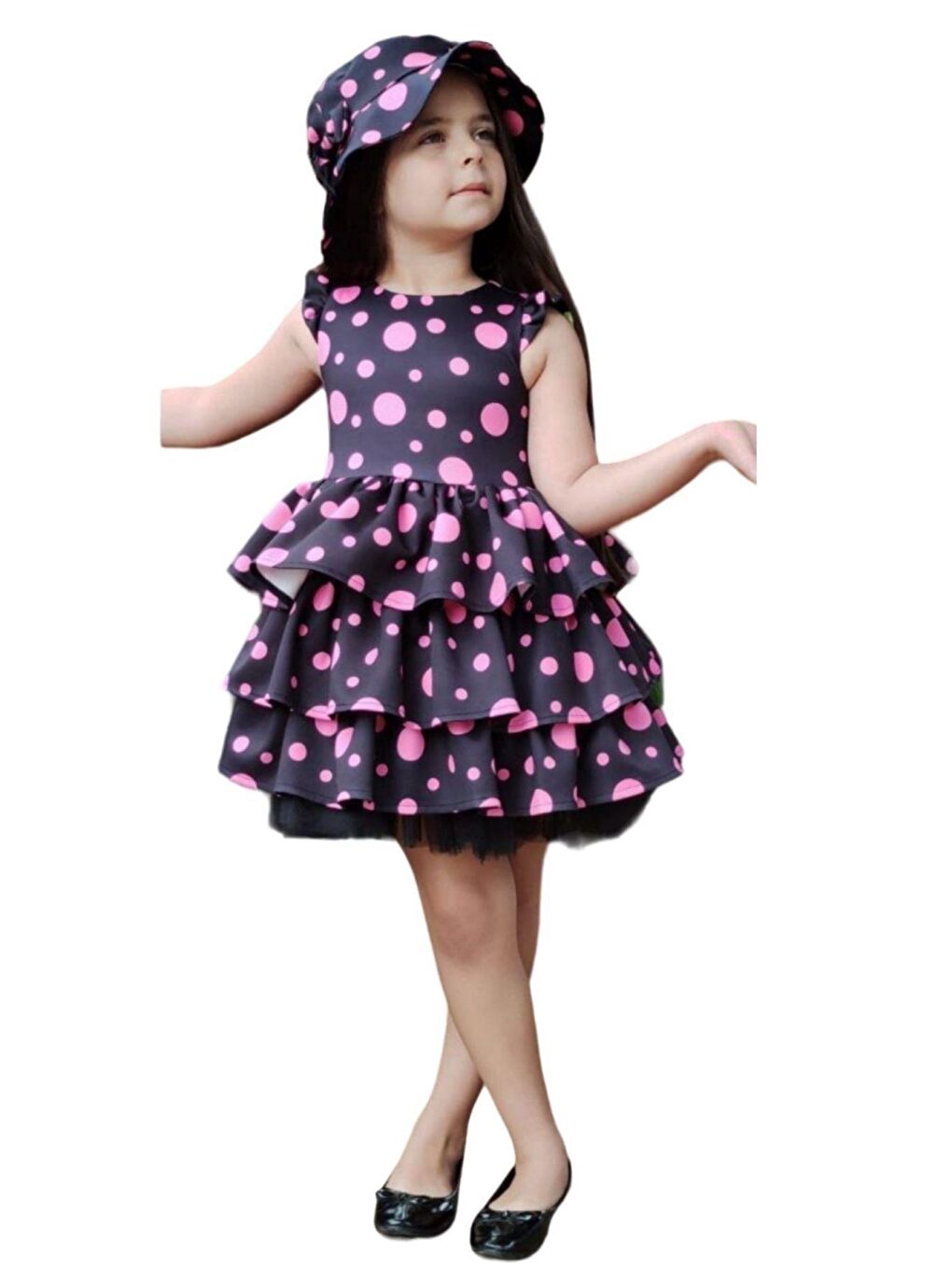 Kız Çocuk Kolları ve Eteği Kat Kat Fırfırlı Üzeri Pembe Benekli Elbise-1