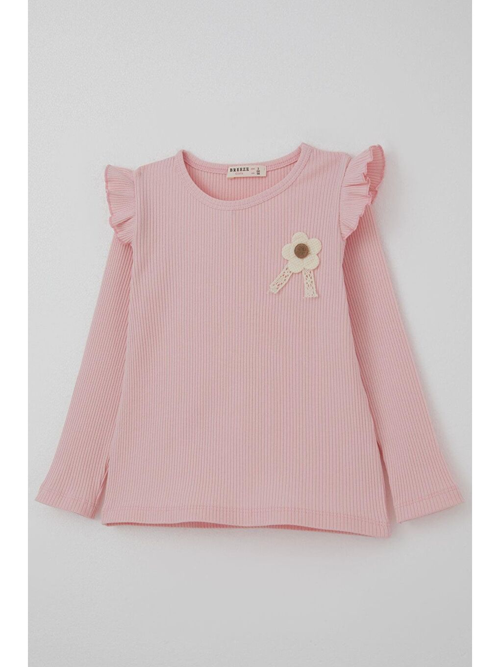 Kız Çocuk Uzun Kollu Tişört Çiçek Arma Detaylı Omuzu Fırfırlı Pembe (2-6 Yaş)-2