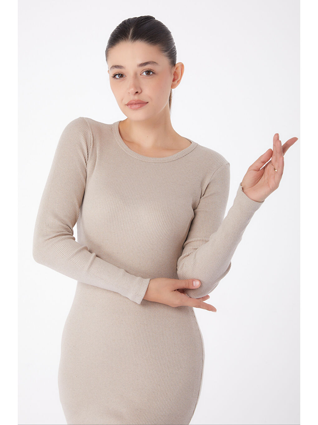 Midi Elbise Bej - 26126-2