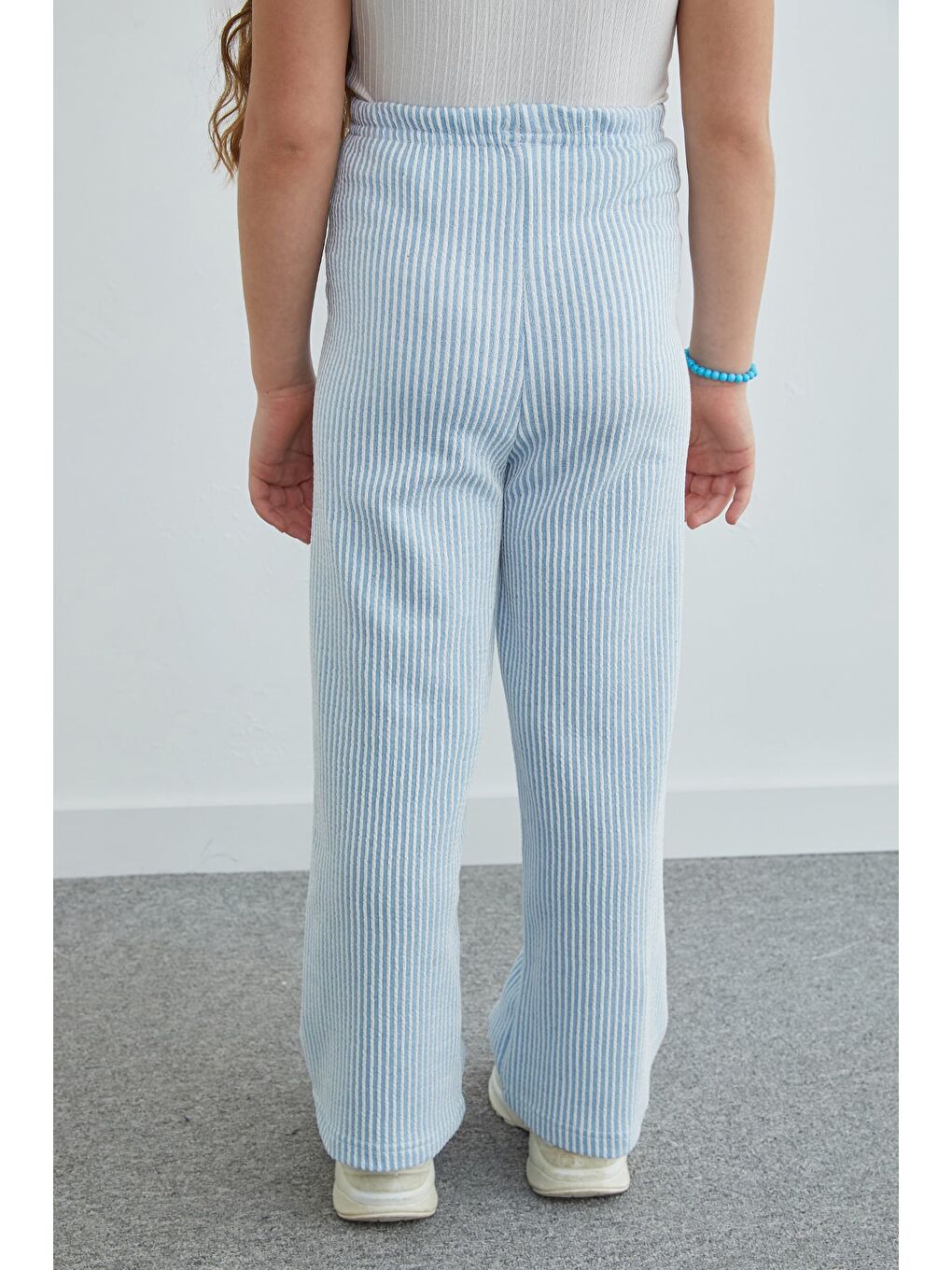 Mavi Beli Lastikli Çizgili Palazzo Kız Çocuk Pantolon-3