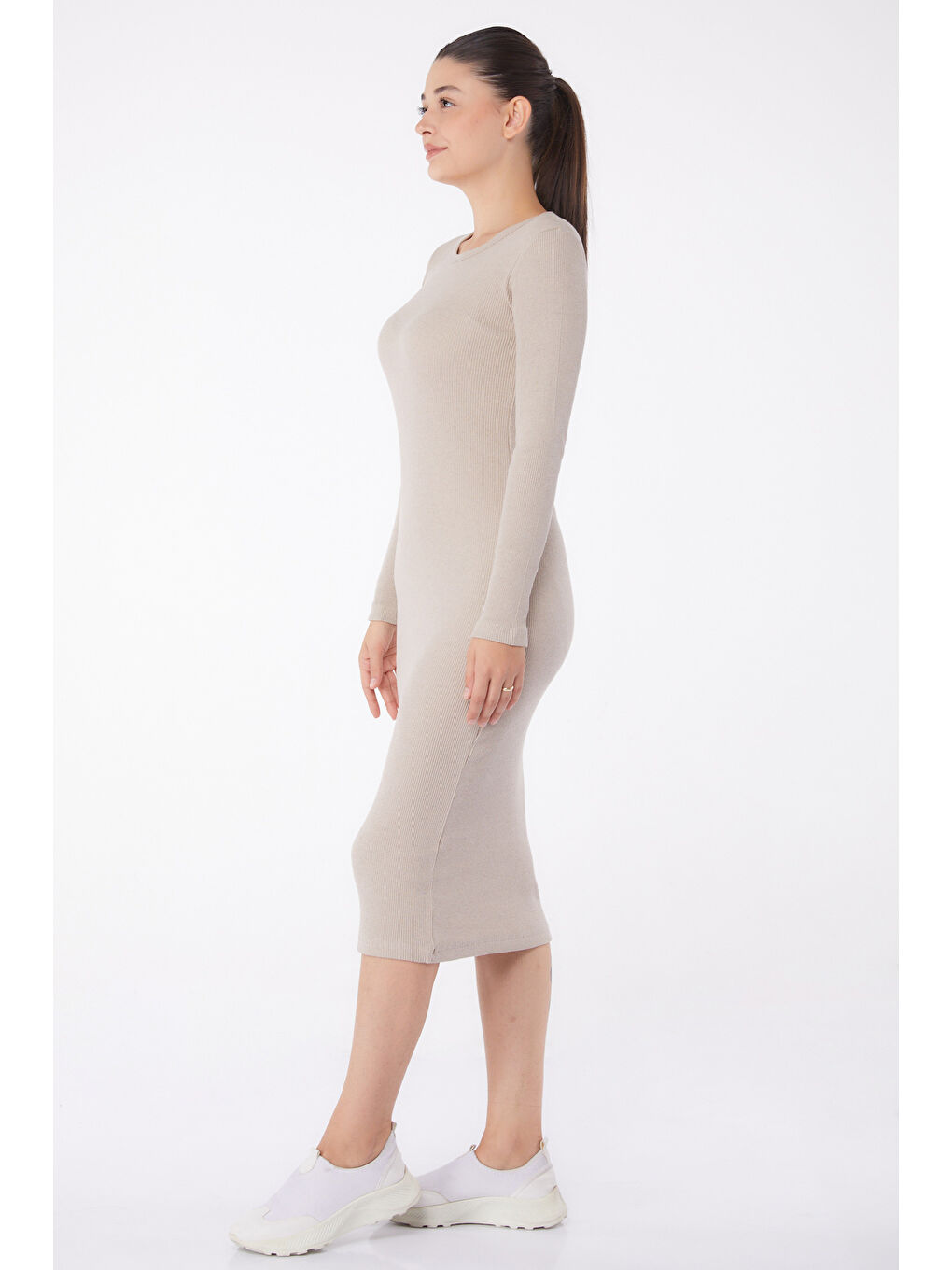 Midi Elbise Bej - 26126-3