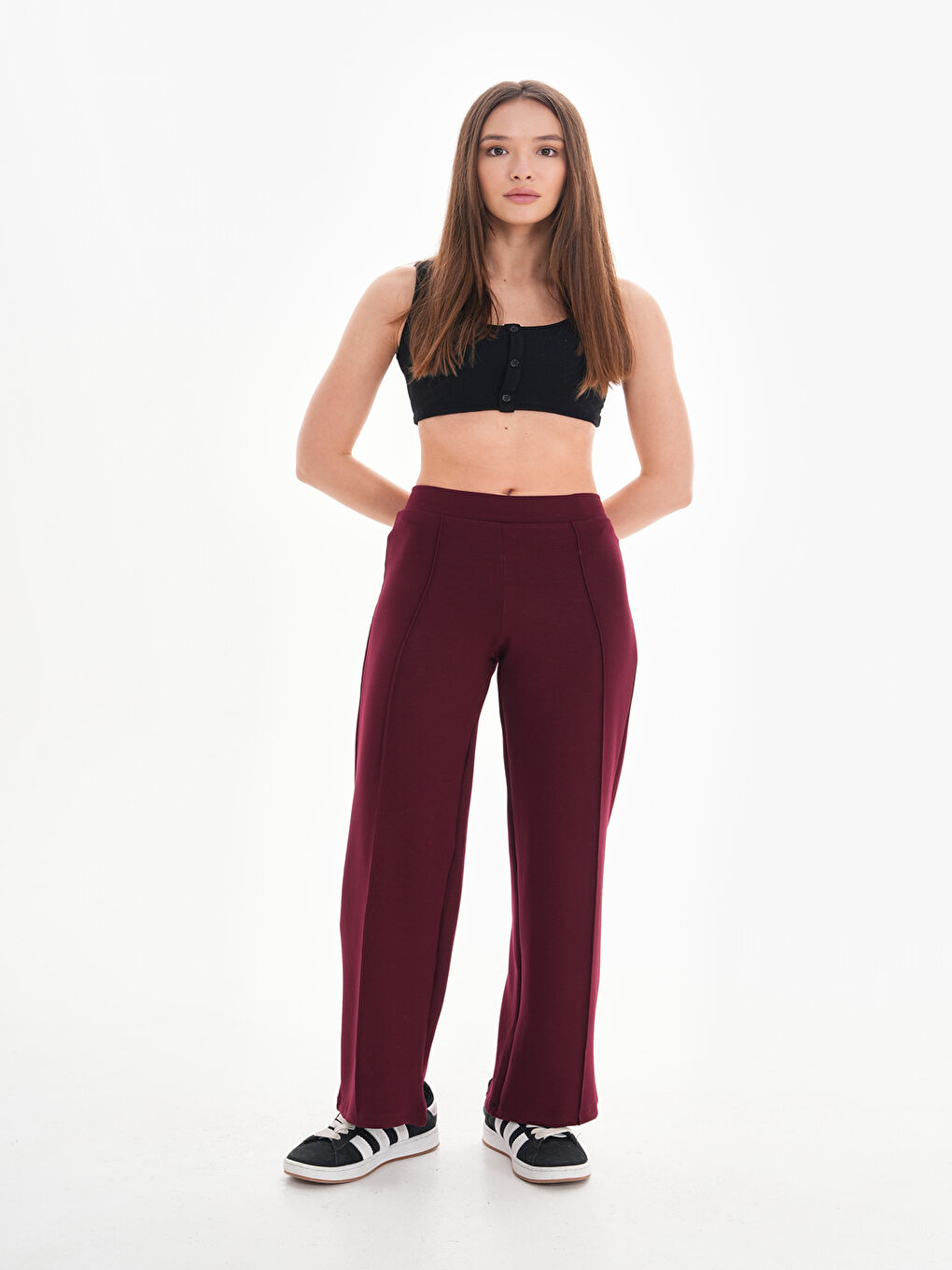 Bordo 375 Palazzo Salaş Modal Yüksek Bel Eşofman Altı-5