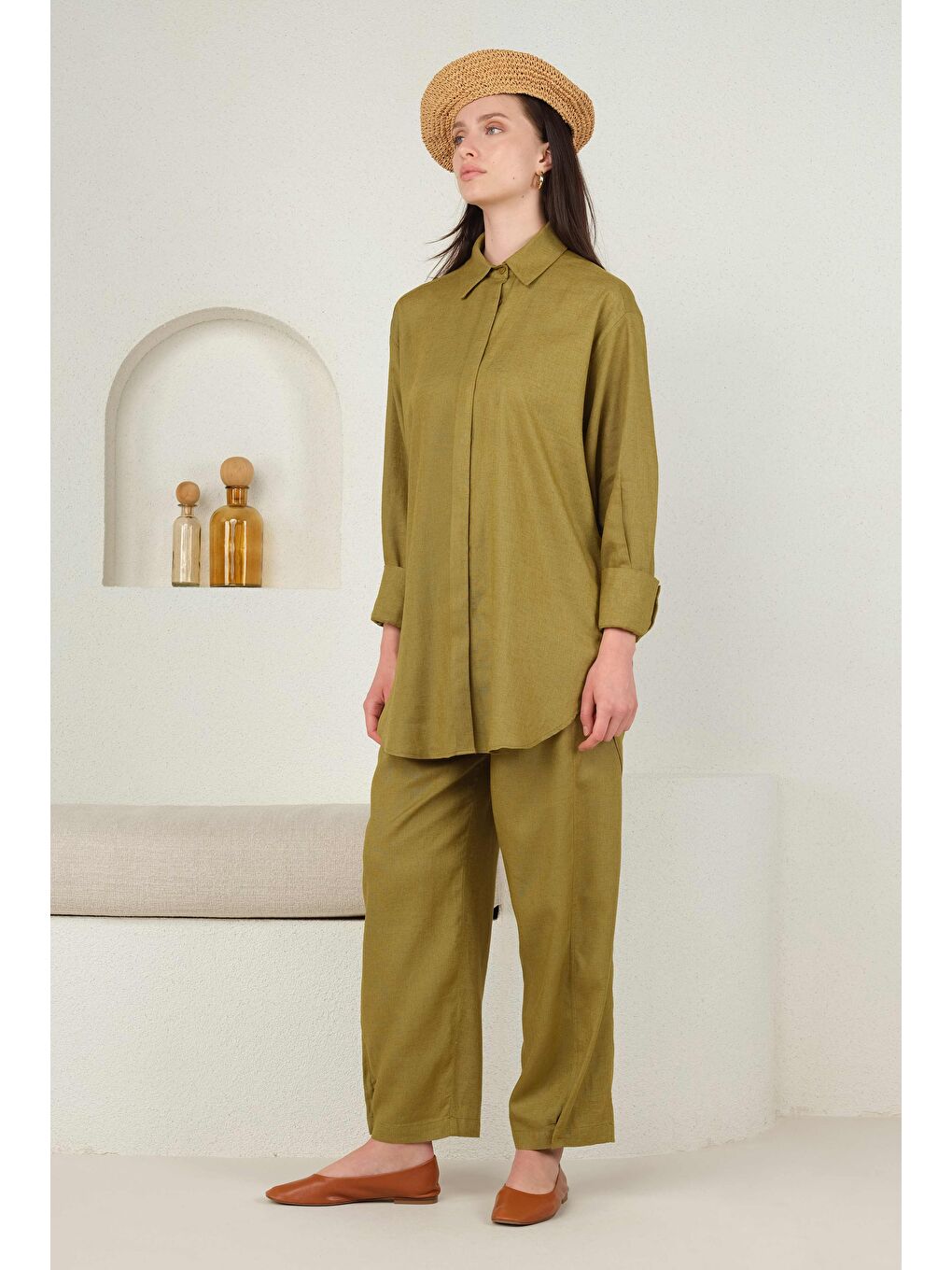 Yeşil Arkası Pileli Gömlek Olive-1
