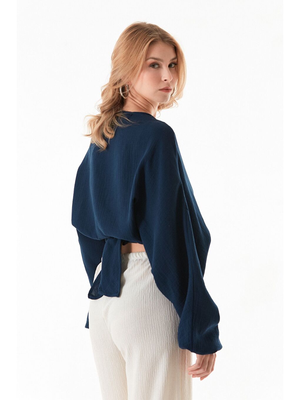 İndigo Basic Önü Bağlamalı Crop Bluz-4