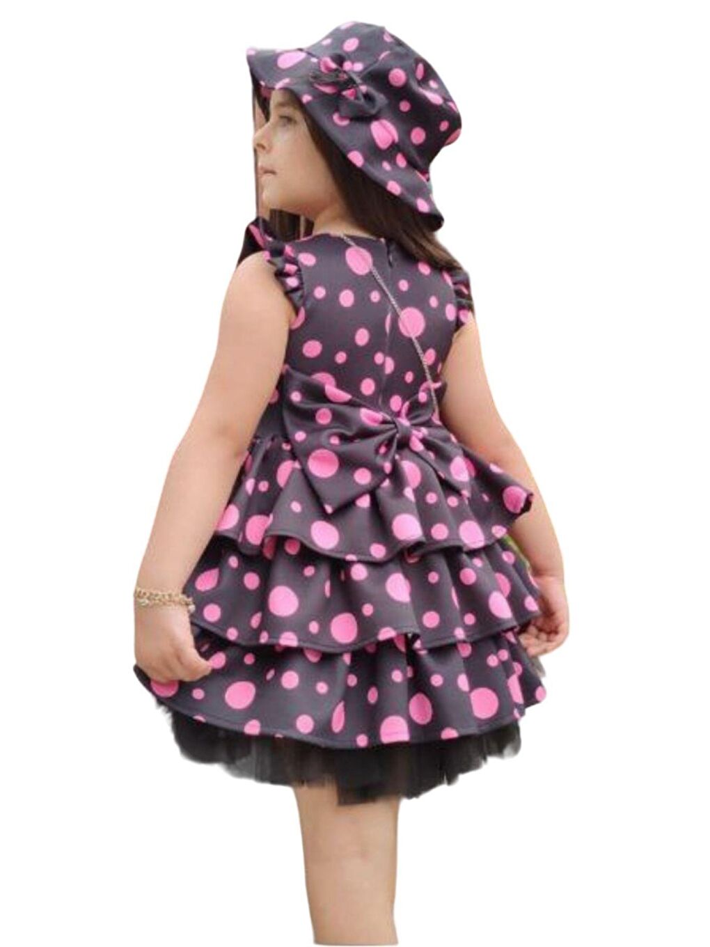 Kız Çocuk Kolları ve Eteği Kat Kat Fırfırlı Üzeri Pembe Benekli Elbise-2