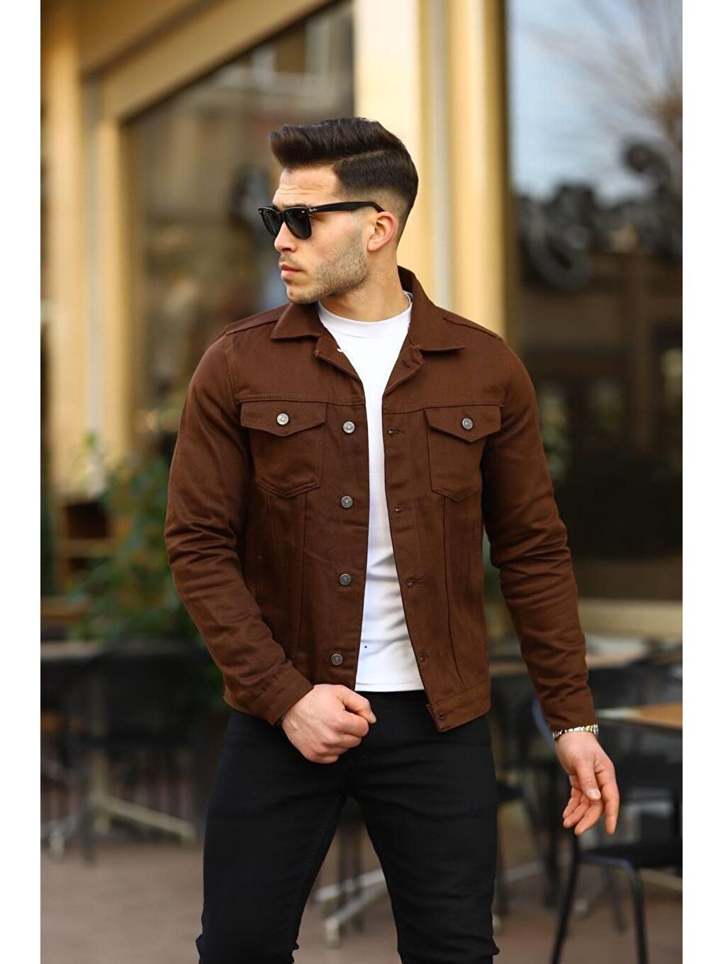Kahverengi Erkek Trend Polo Yaka Slim Fit Denim Jeans Kahve Jean Ceket-1
