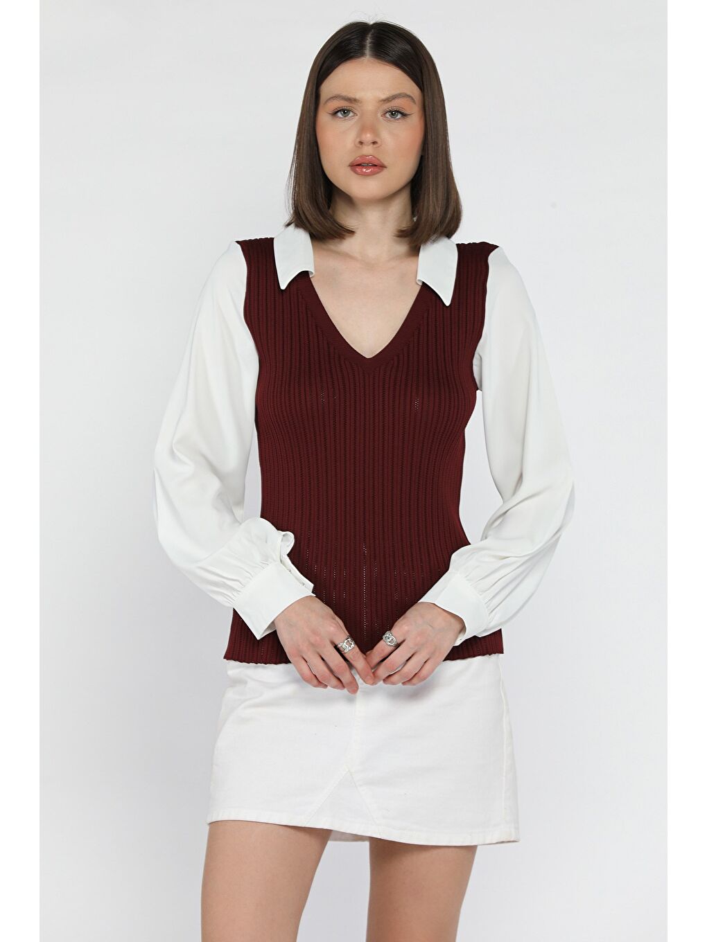 Bordo Gömlek Garnili V Yaka Kadın Fitilli Triko Bluz