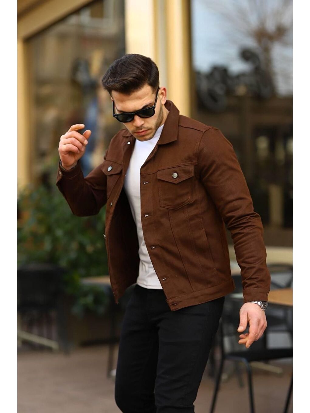 Kahverengi Erkek Trend Polo Yaka Slim Fit Denim Jeans Kahve Jean Ceket-2