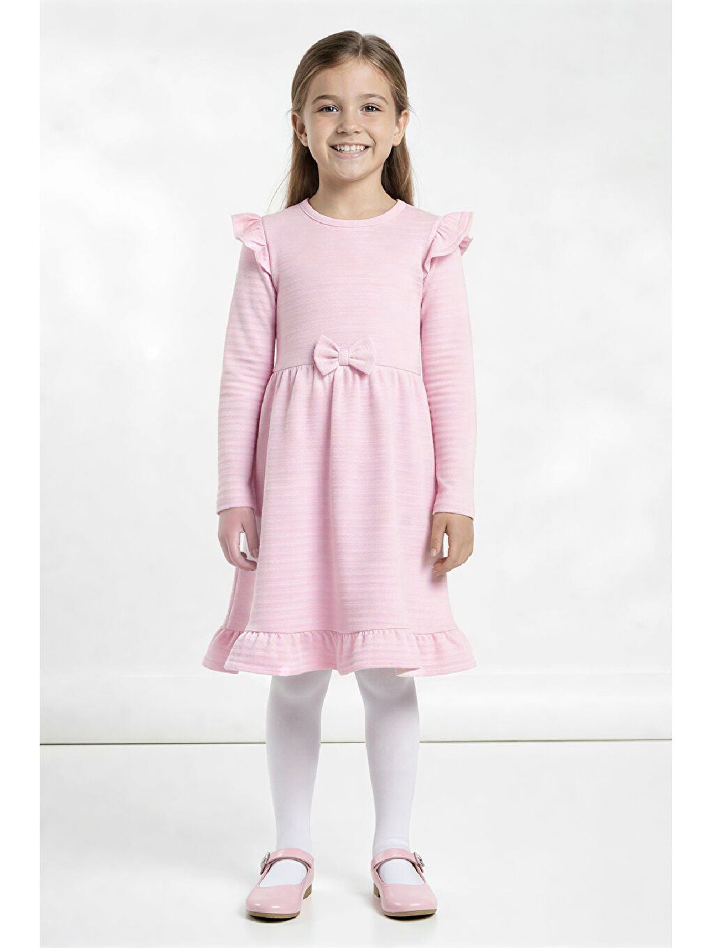 Pembe Kız Çocuk Elbise -Fırfır Omuzlu-Fiyonk Detaylı 2-10 Yaş 12531-1