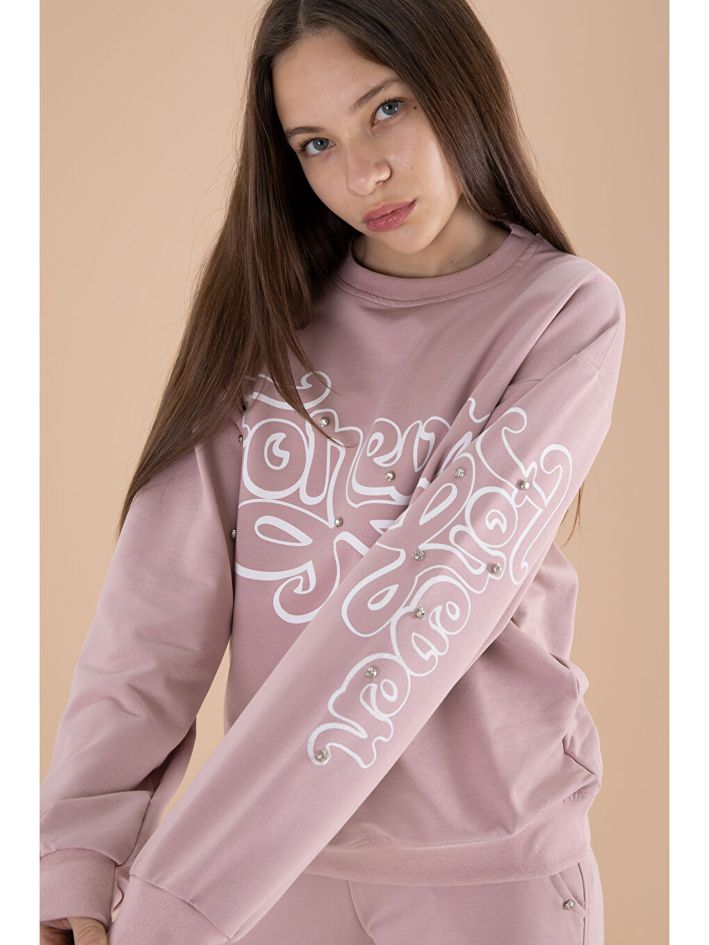 Pembe Gül Kurusu Yazı Baskılı Kız Beli Lastikli Eşofman Takımı 19895-1