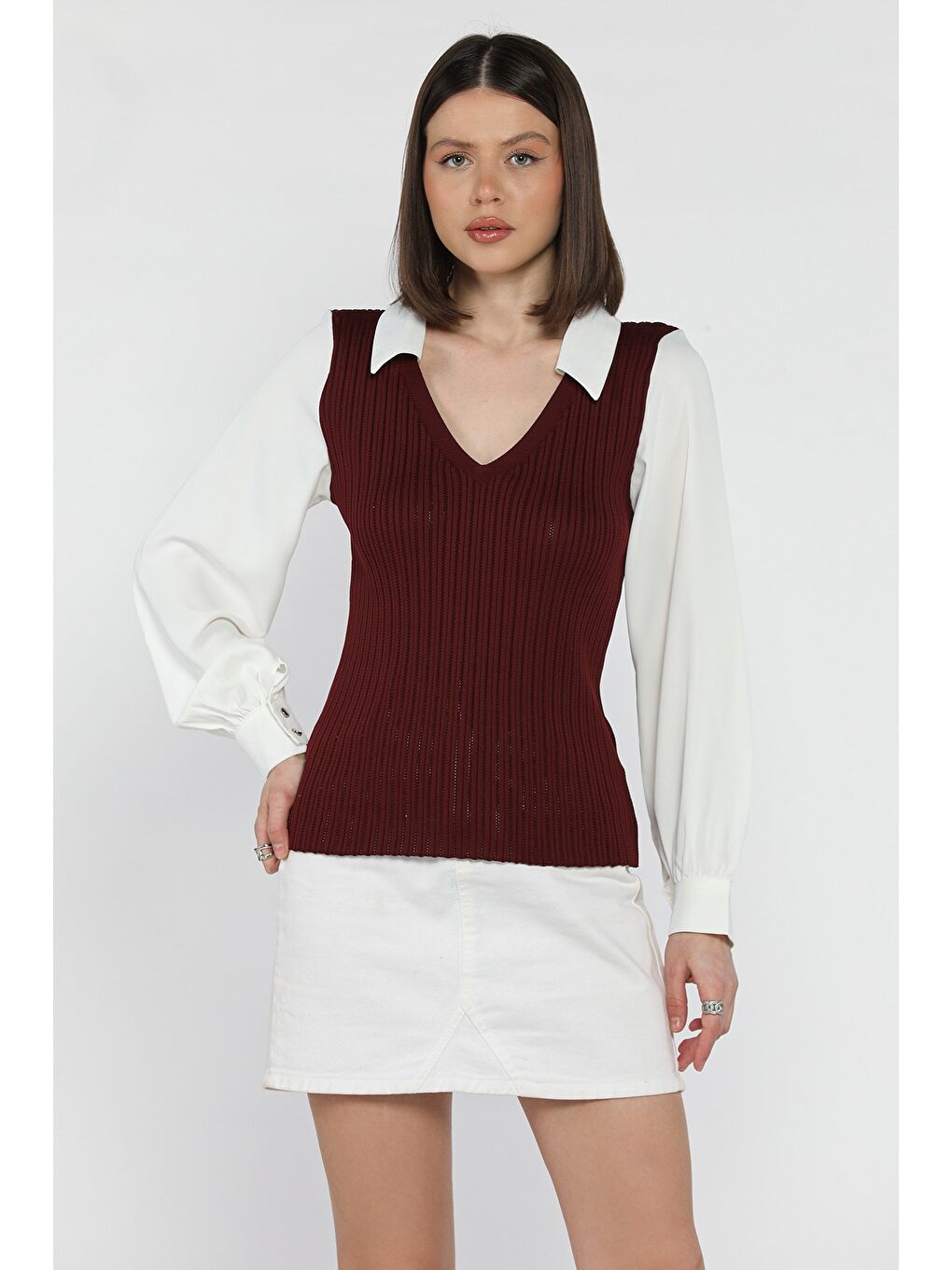 Bordo Gömlek Garnili V Yaka Kadın Fitilli Triko Bluz-1