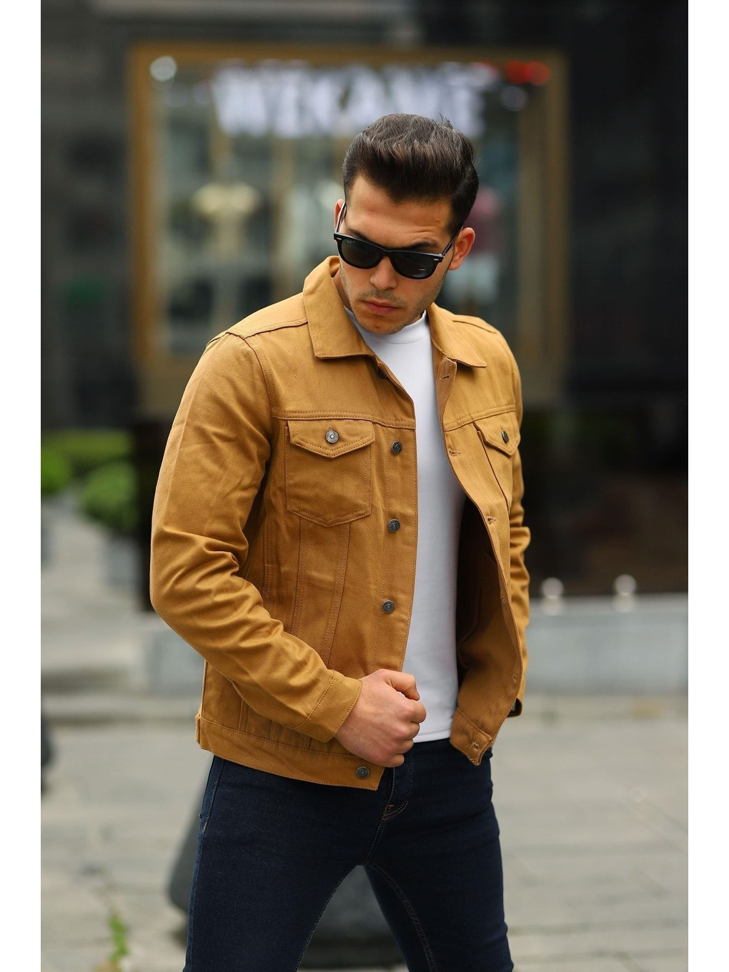 Kahverengi Erkek A Kalite Slim Fit Denim Jean Ceket