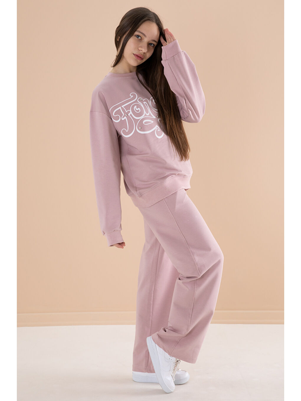 Pembe Gül Kurusu Yazı Baskılı Kız Beli Lastikli Eşofman Takımı 19895-3