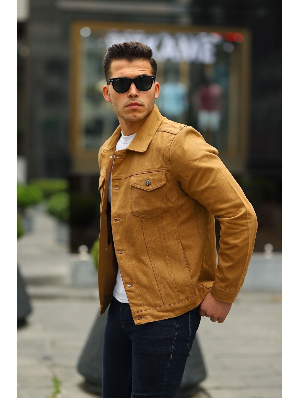 Kahverengi Erkek A Kalite Slim Fit Denim Jean Ceket-1