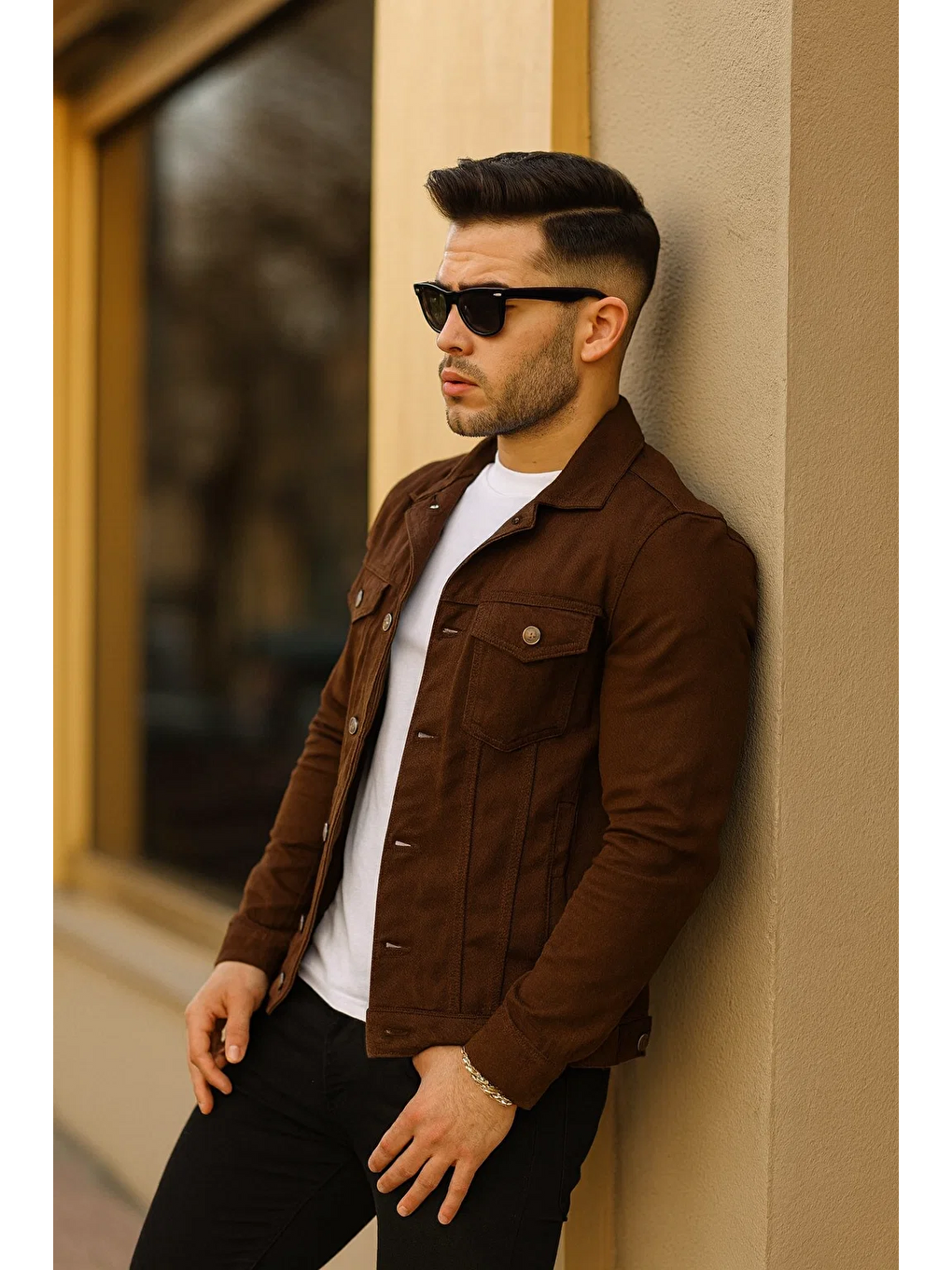 Kahverengi Erkek Trend Polo Yaka Slim Fit Denim Jeans Kahve Jean Ceket-3