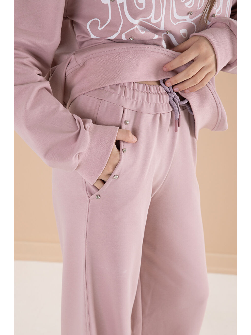 Pembe Gül Kurusu Yazı Baskılı Kız Beli Lastikli Eşofman Takımı 19895-4