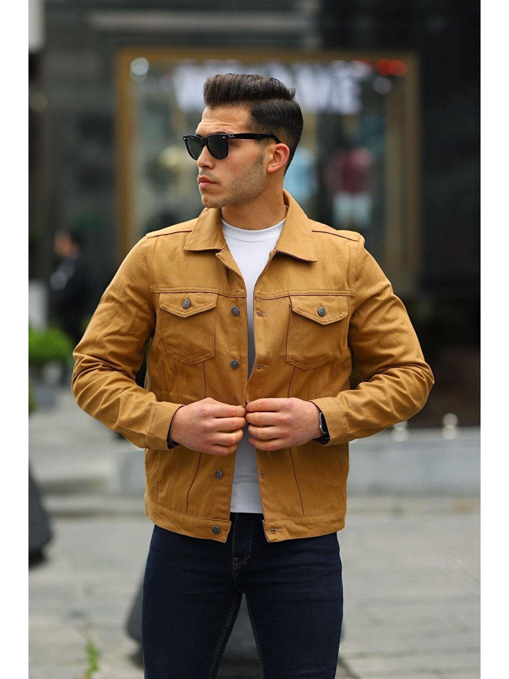 Kahverengi Erkek A Kalite Slim Fit Denim Jean Ceket-2