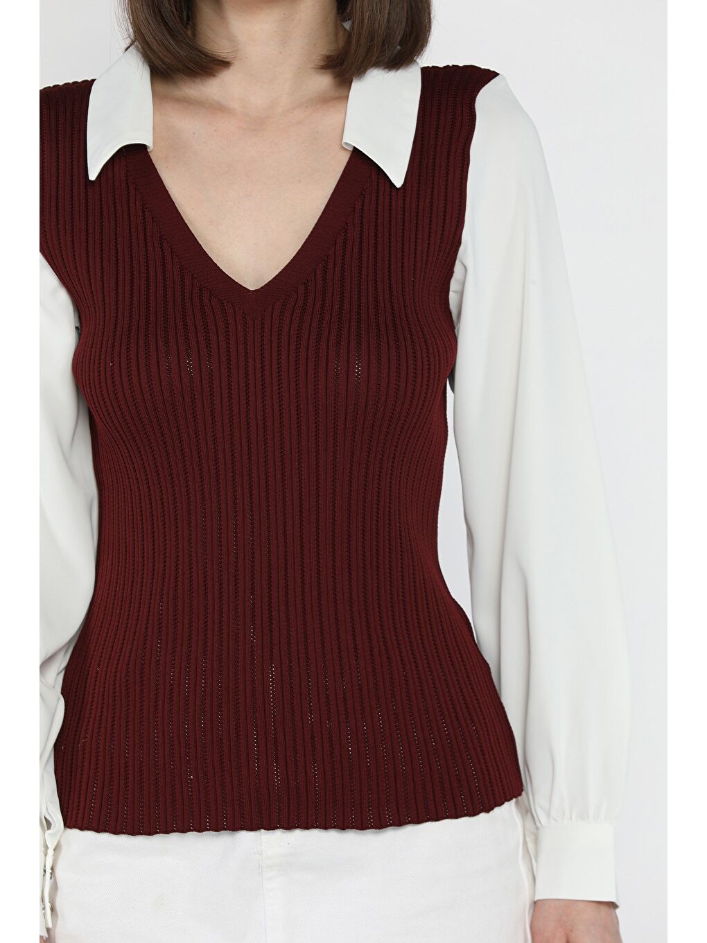 Bordo Gömlek Garnili V Yaka Kadın Fitilli Triko Bluz-2
