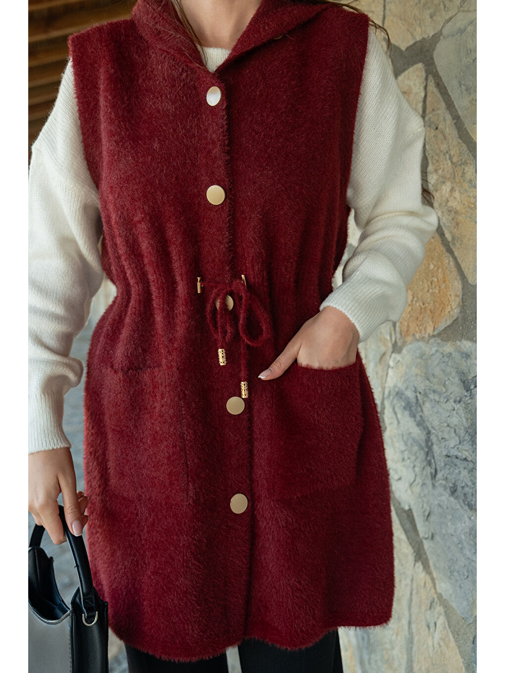 Kadın Bel Bağlamalı Triko Yelek Bordo-4