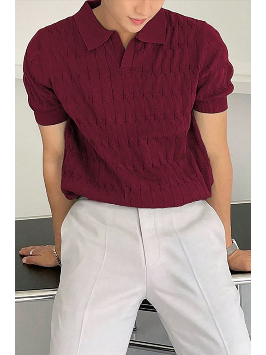 Bordo Erkek İnce Saç Örgülü Slim Fit Polo Yaka Triko Tişört