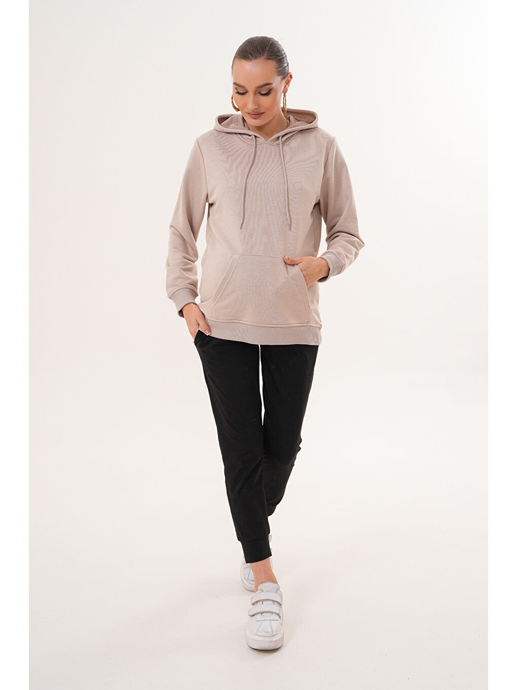 Ekru %100 Pamuk Hamile ve Lohusa Basic Kapüşonlu Sweatshirt-1