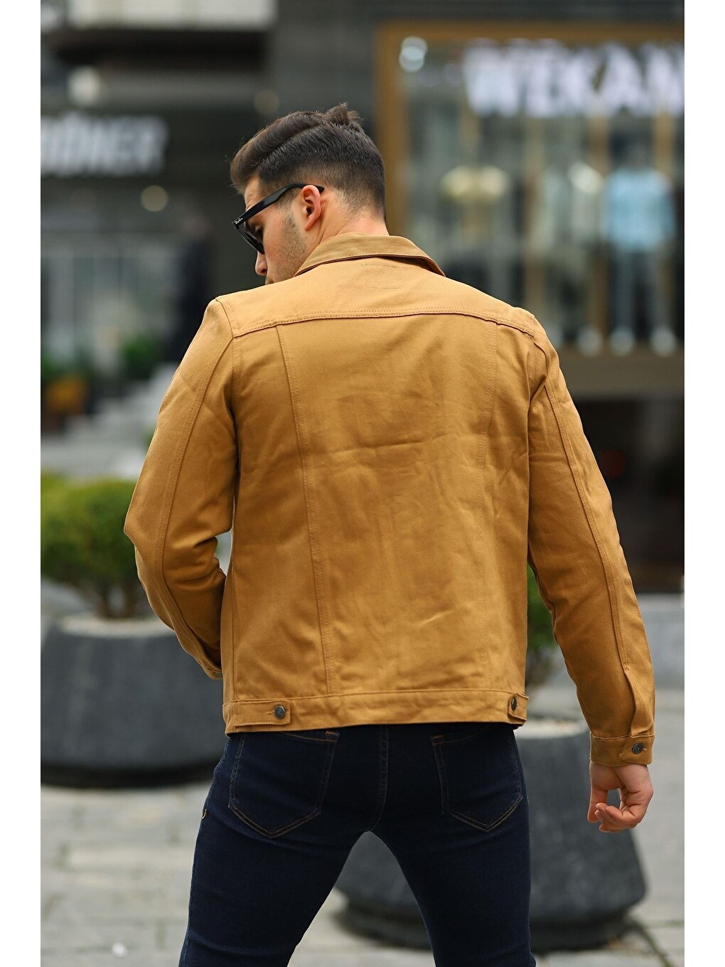 Kahverengi Erkek A Kalite Slim Fit Denim Jean Ceket-3