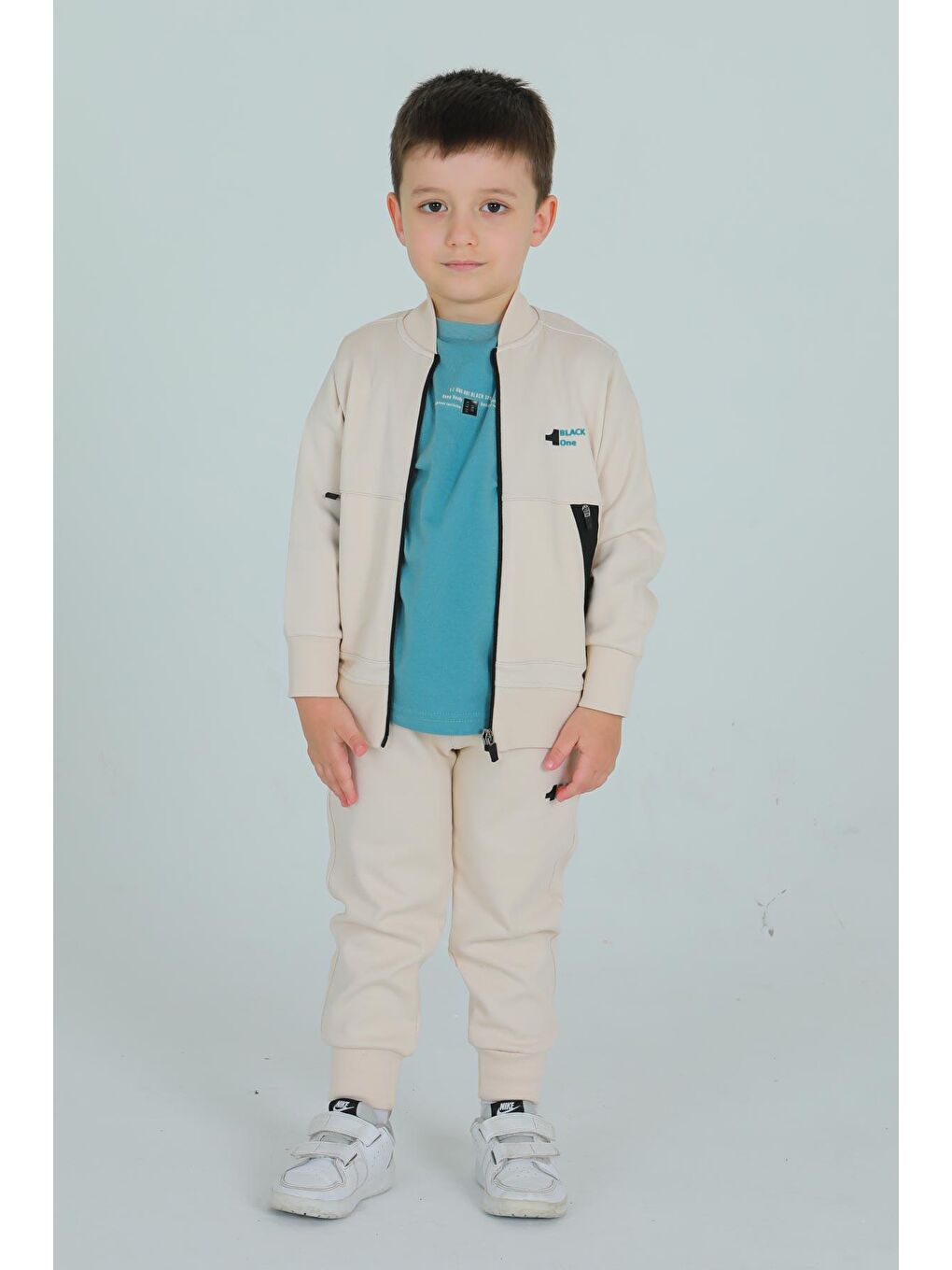 Bej Unisex Çocuk Çift Cepli Baskı Detaylı Eşofman Takımı