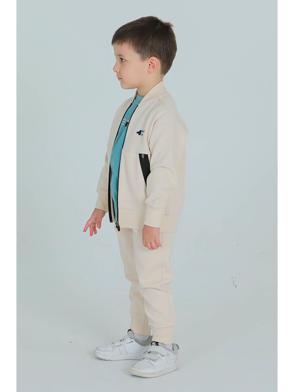 Bej Unisex Çocuk Çift Cepli Baskı Detaylı Eşofman Takımı-1